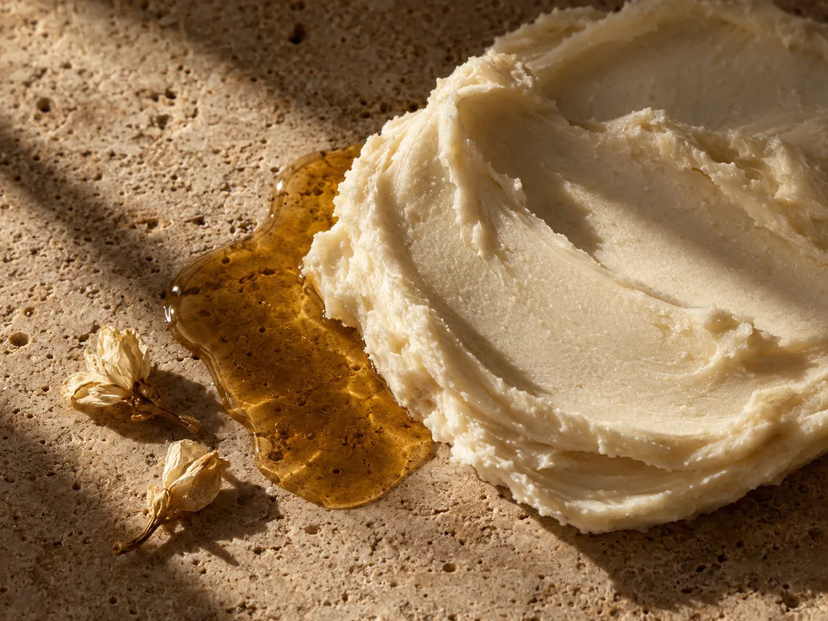 Ivory body butter and botanical oil on warm travertine